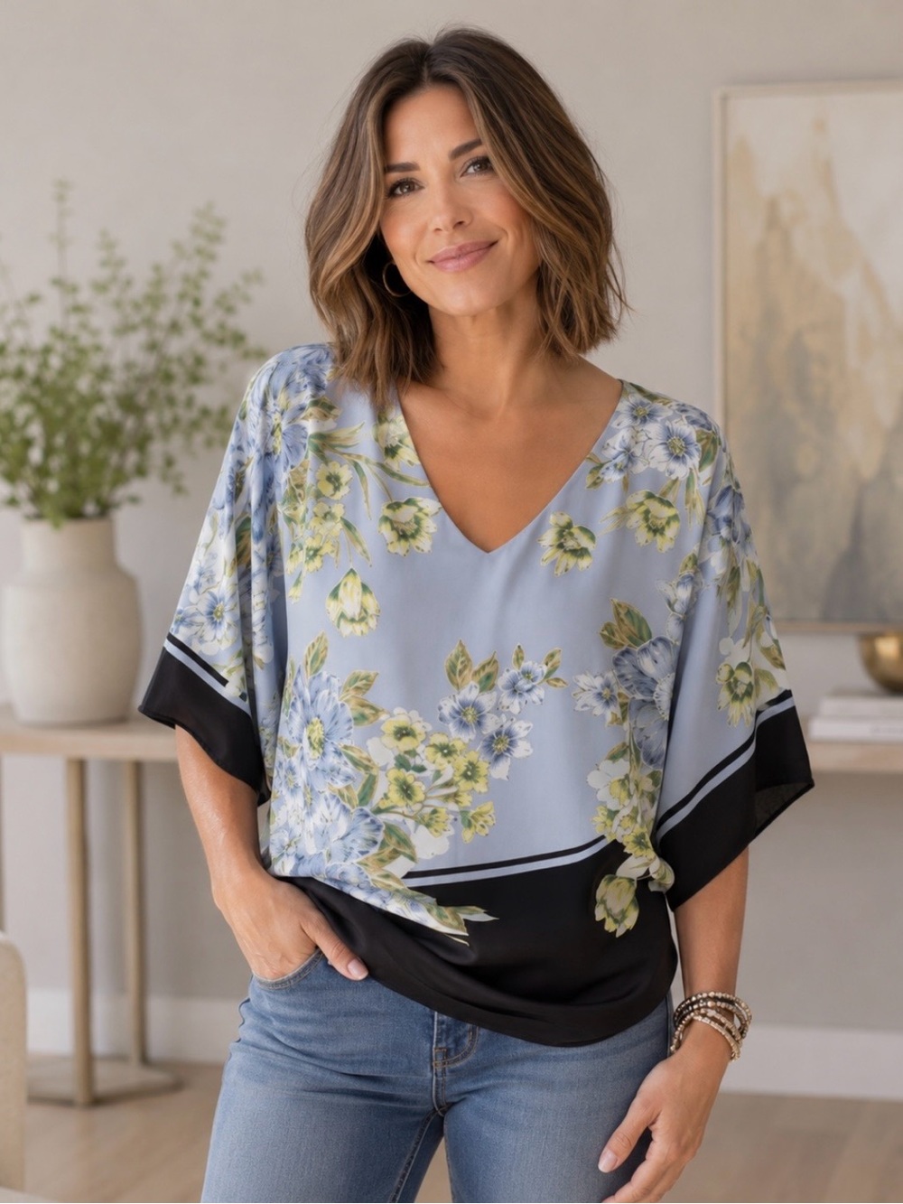 White  House Black Market Floral Kimono Blouse